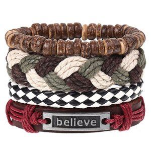 Handmade Set of 4 Multilayer Braided Leather Adjustable Rope Wood Beads Bracelet